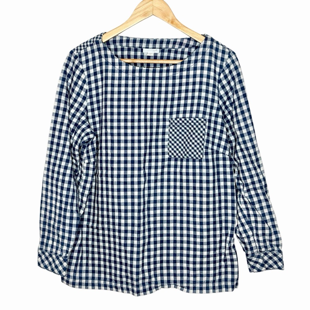 J Jill Gingham Top Blue White Womens Size M Nautical Preppy Button Back Coastal